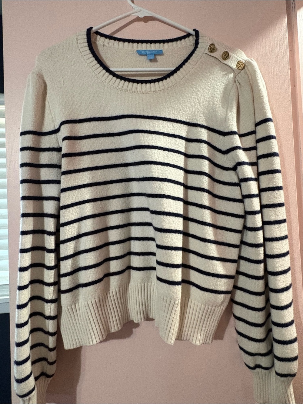 Draper James Ivory Sweater with Black Stripes & Gold Shoulder Buttons